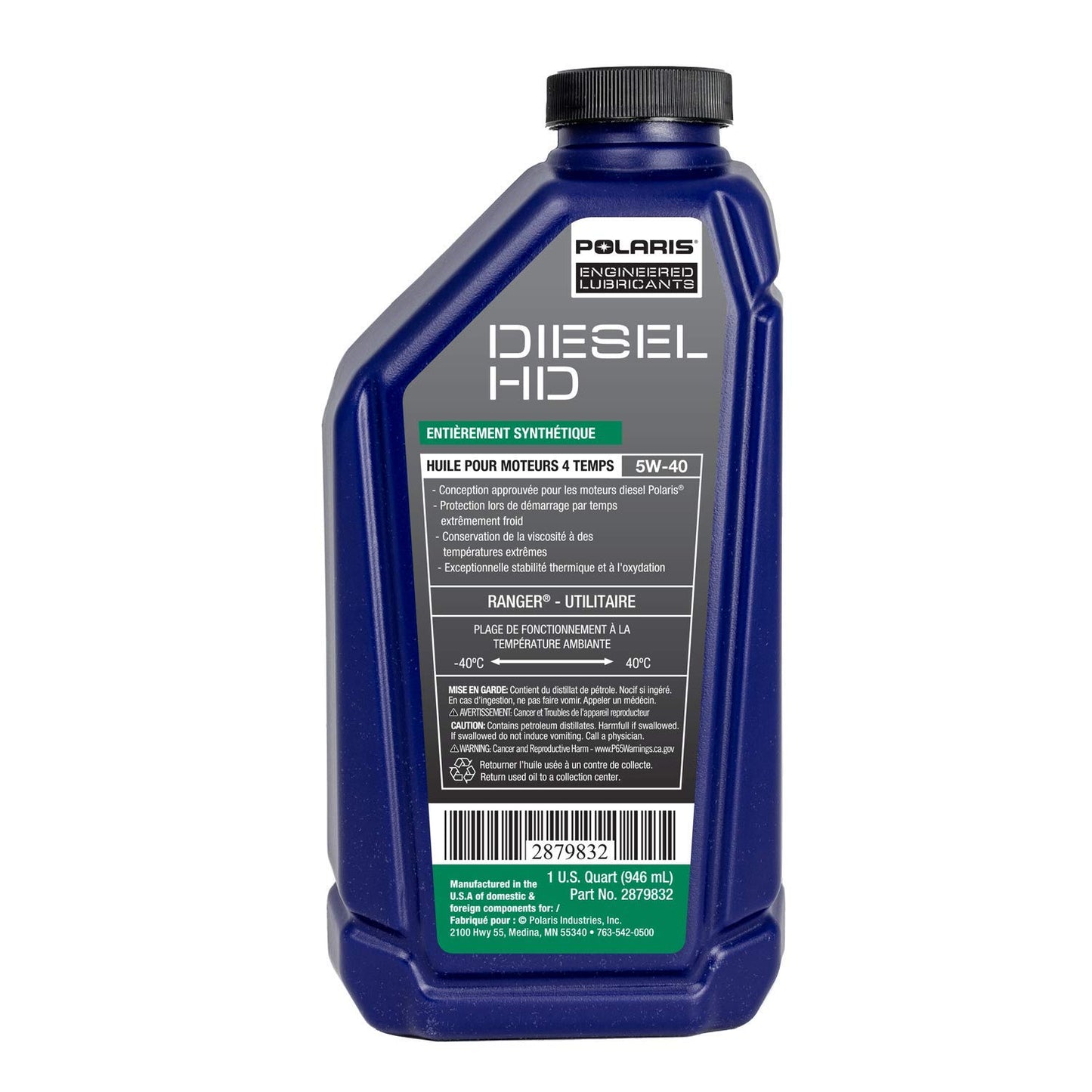 Polaris Diesel HD SAE 5W-40 Full Synthetic Oil 4 Cycle for Specific RANGER Diesel Models, Extreme Cold Weather Start Up Protection, Outstanding Thermal & Oxidation Stability, 1 Quart, Qty 1-2879832