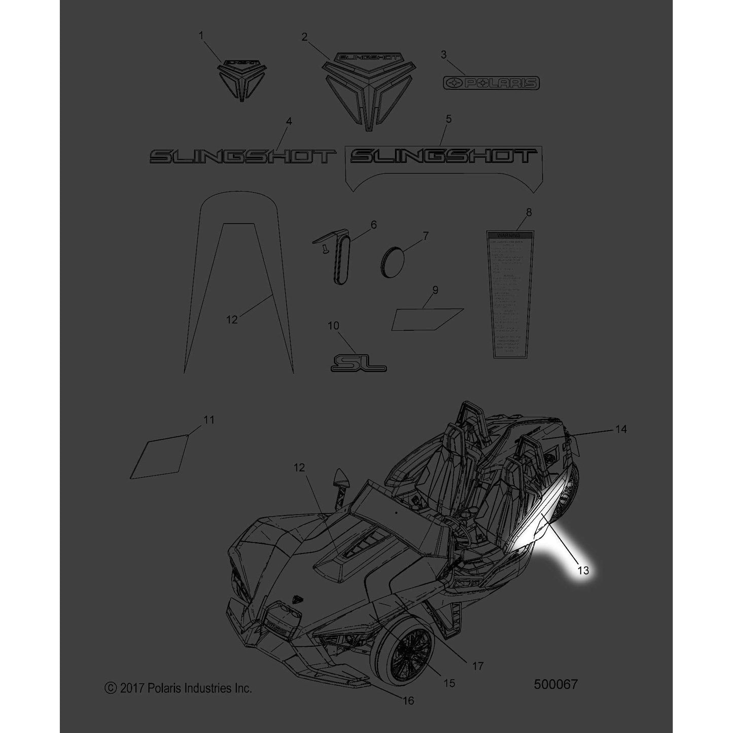 Polaris Slingshot Wing Decal, Rear, Right, Silver/Black, Genuine OEM Part 7185186, Qty 1