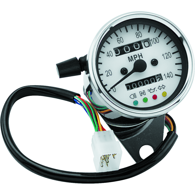 Bikers Choice 2.5 Inch Chrome 2:1 Universal Mini Speedo w LED Indicators White Face 140 Mph