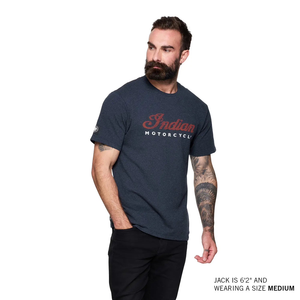 
                      
                        Indian Motorcycle Men's 2 Color Script Logo T-Shirt, Navy
                      
                    