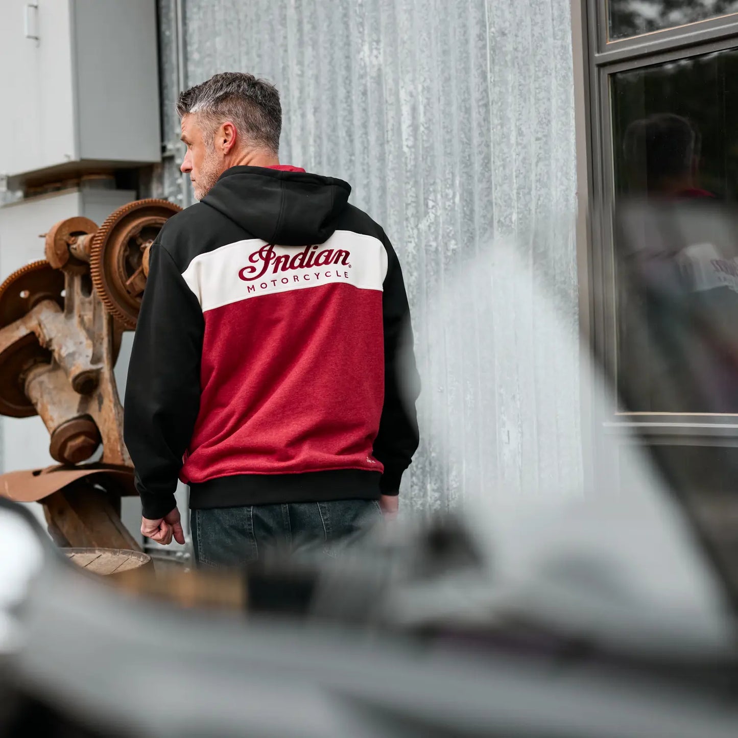 Indian Men's Script Logo Colorblock Hoodie, Red MD 2865620