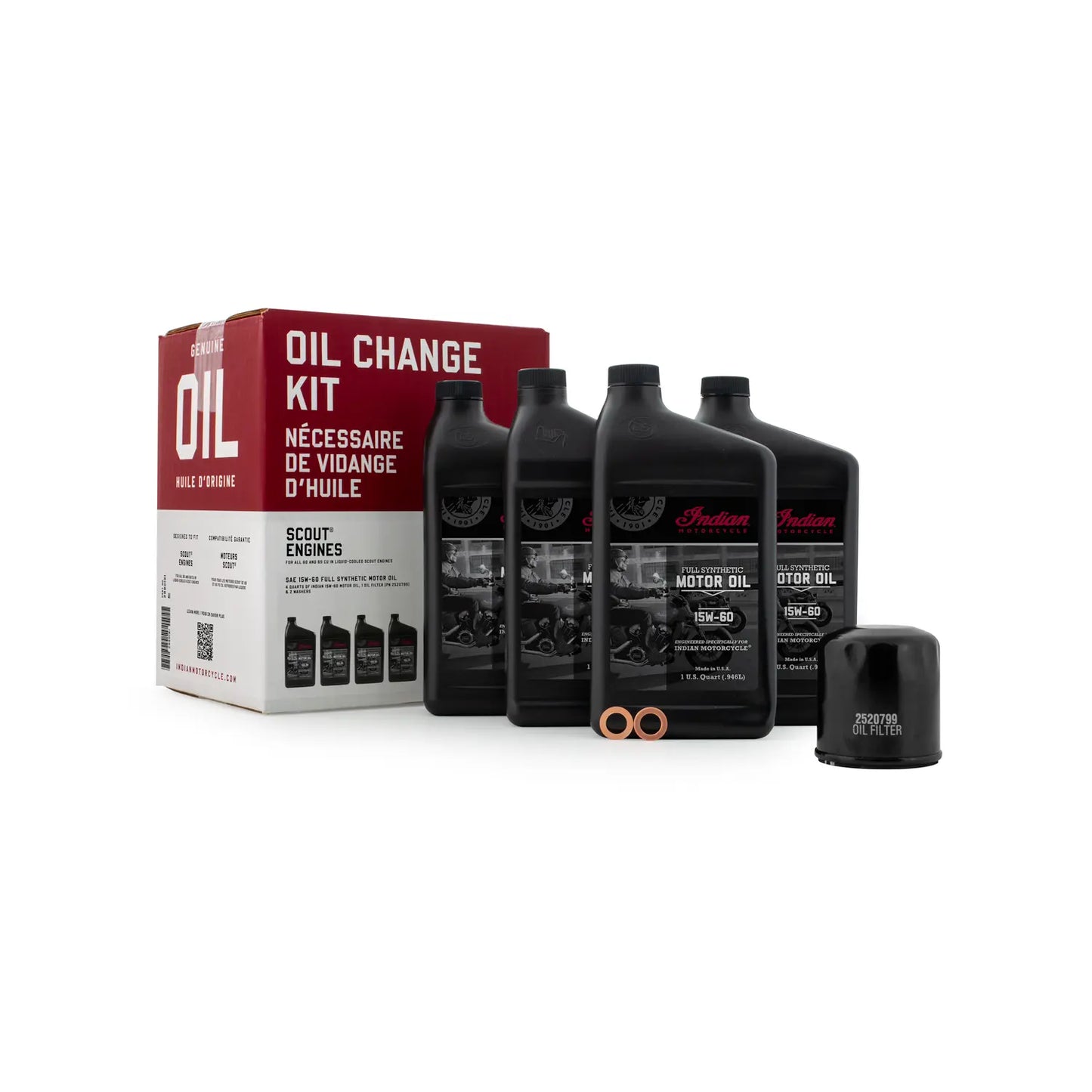 Indian Motorcycle Oil Change Kit packaging and contents, including bottles of motor oil and an oil filter