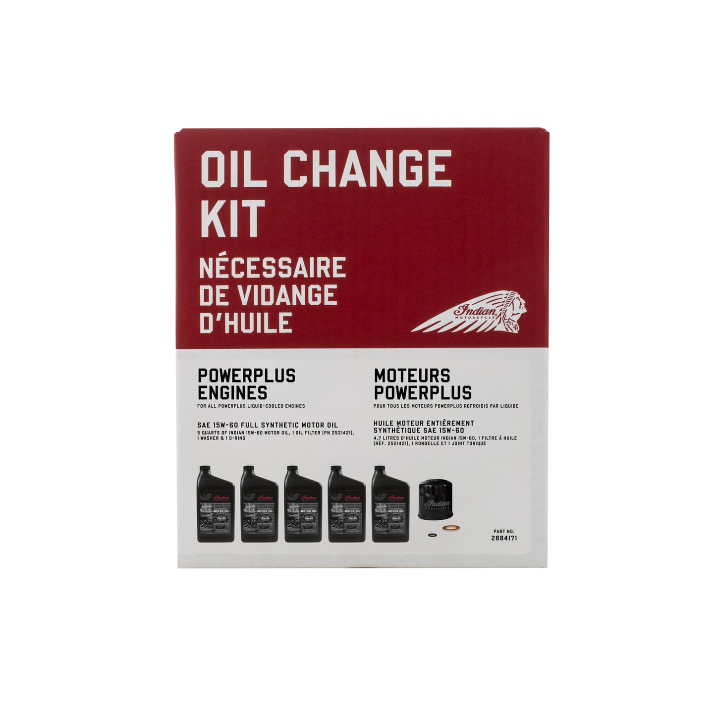 PowerPlus Oil Change Kit, Fits Indian PowerPlus, 2884171, 5 Quarts of Full Synthetic 15W60 Motor Oil, 1 Oil Filter, 1 Washer, 1 O-Ring