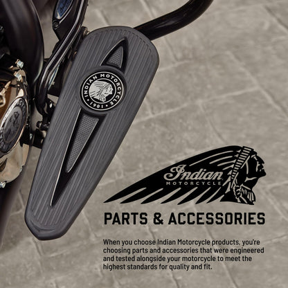 Indian Motorcycle Saddle Bag Decal Hinge Cover With Script Logo, Left Hand Side, Gloss Black, for Specific Challenger Limited and Dark Horse Models, Genuine OEM Part, Qty 1-5633981-03