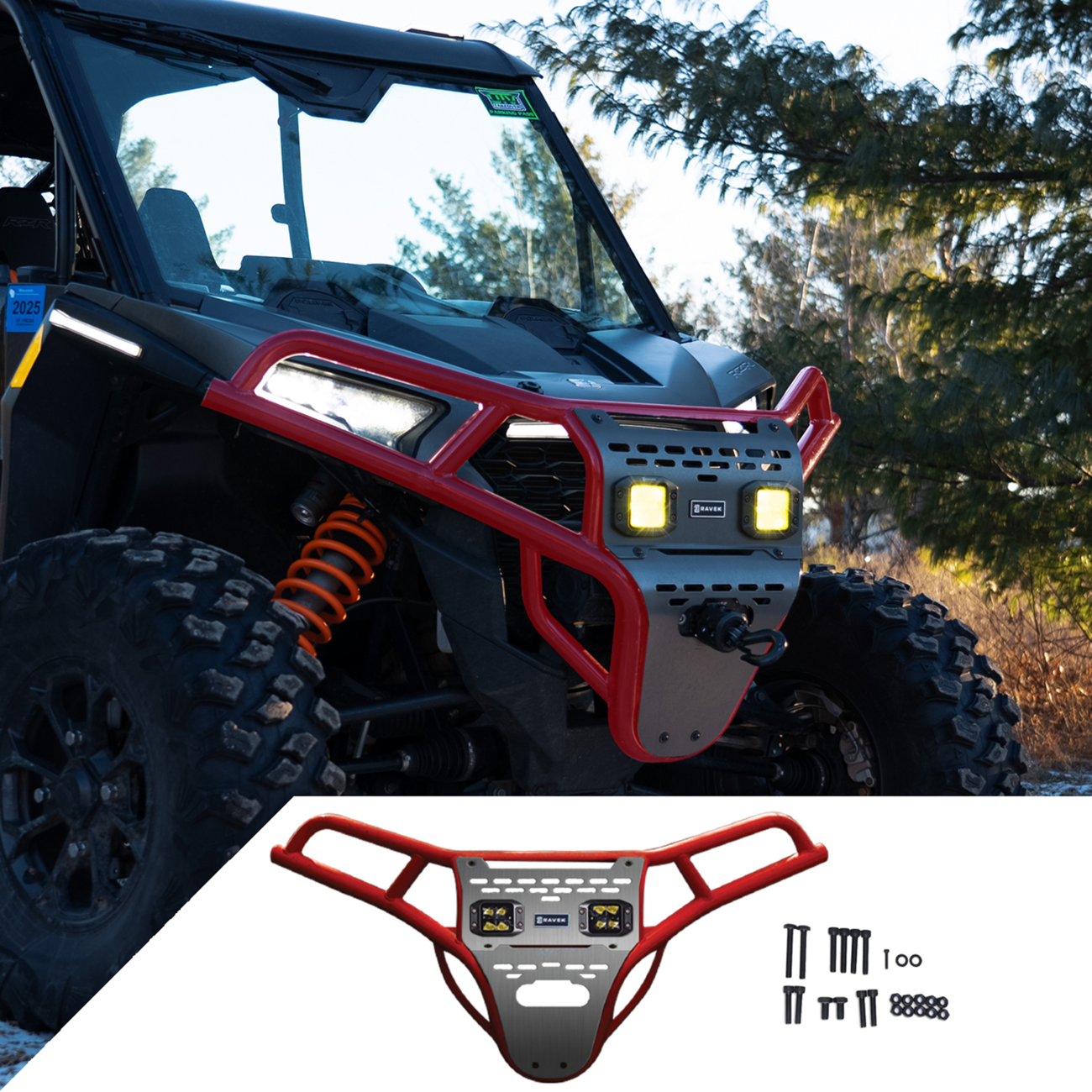 RAVEK Front Bumper/Skid Plate with Amber Lights - Red - RZR XP 1000 64-317RDLA