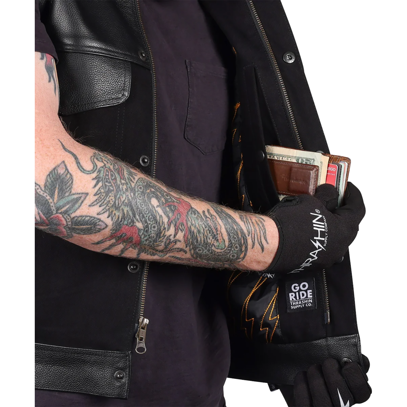 THRASHIN SUPPLY CO. Kanan Leather/Denim Riding Vest - Black - Medium TMJ-13-09