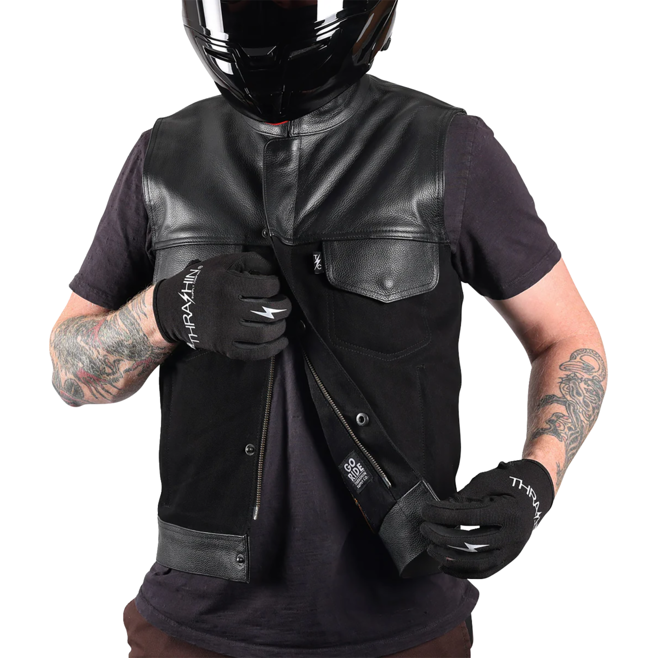 THRASHIN SUPPLY CO. Kanan Leather/Denim Riding Vest - Black - Small TMJ-13-08
