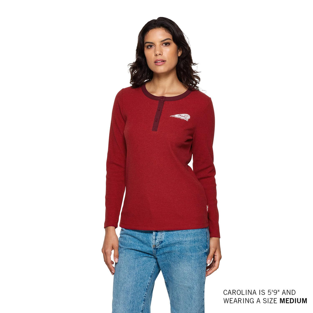 
                      
                        Indian Motorcycle Women's Script Icon Henley Long Sleeve T-Shirt, Red
                      
                    