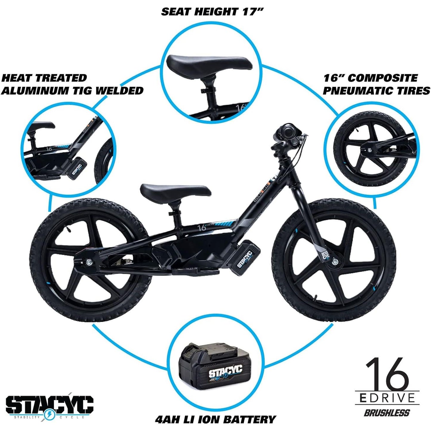 STACYC Brushless 16eDRIVE Electric Balance Bike for Kids Ages 5-7 Years Old