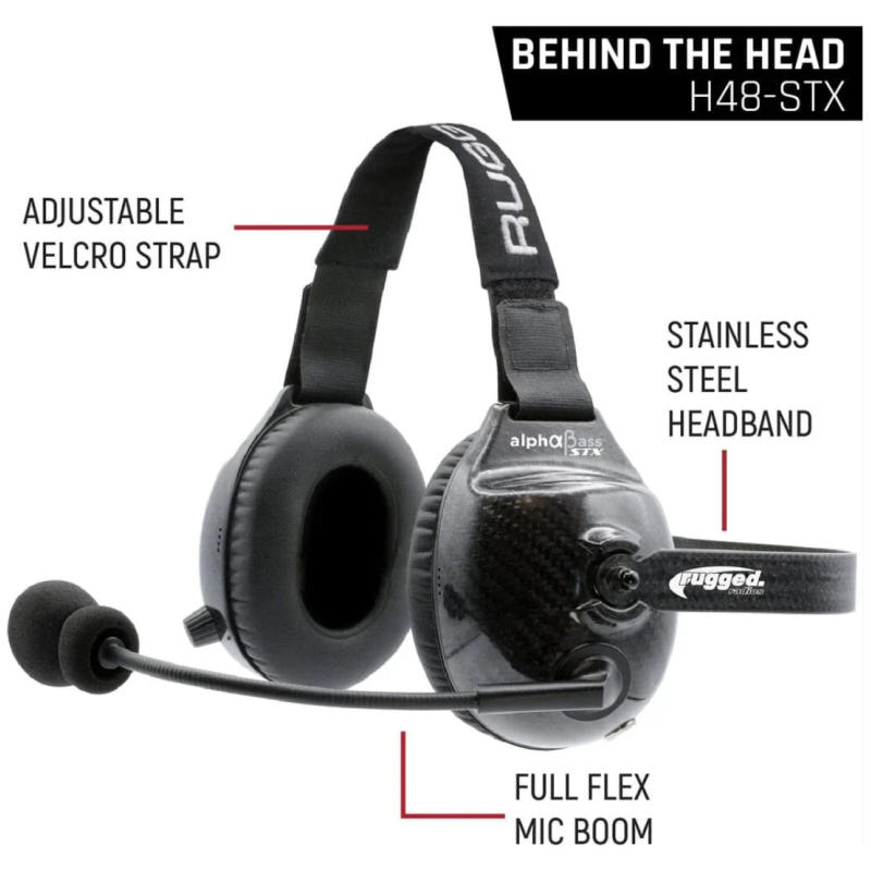 Rugged Radios AlphaBass Carbon Fiber Headset for STEREO and OFFROAD Intercoms Behind The Head