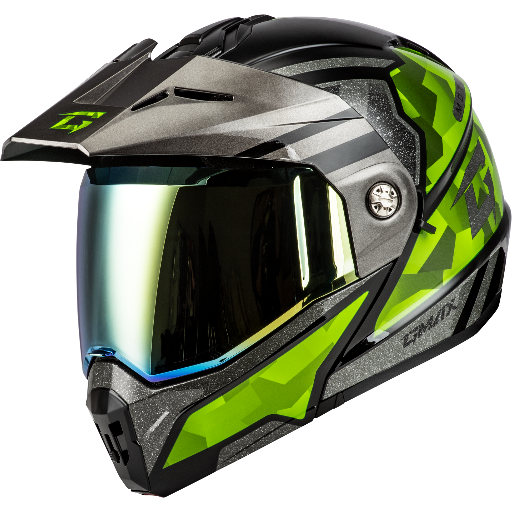 Md 74 Striker Modular Helmet W Gld Shld Blk/Slvr/Grn Mtlc Lg