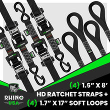Rhino USA Heavy Duty Ratchet Tie-Down 4-Pack (Black) 1.6In X 8Ft