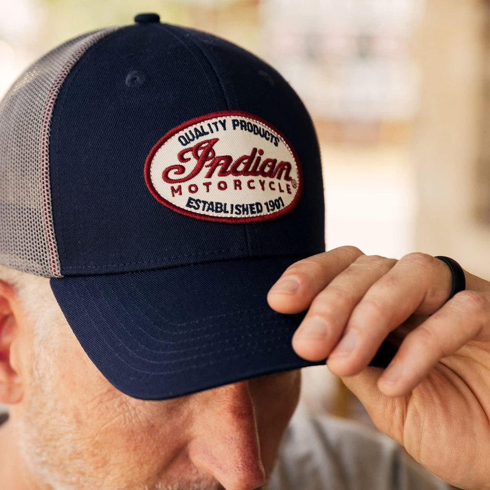 
                      
                        Indian Motorcycle Men's Script Patch Trucker Hat, Blue - 2861678
                      
                    