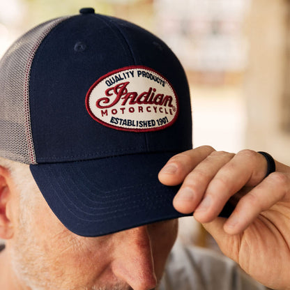 Indian Motorcycle Men's Script Patch Trucker Hat, Blue - 2861678