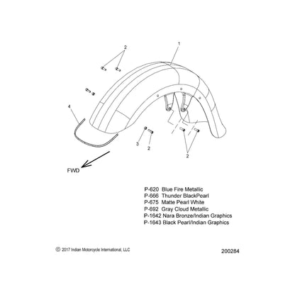 Indian Motorcycle Trimmed Fender Assembly, Front, Matte Nara Bronze with Graphics, Genuine OEM Part 1023049-1642, Qty 1