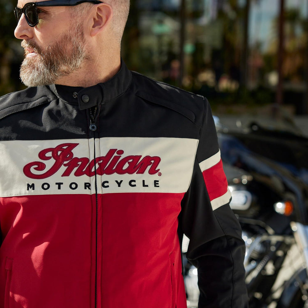 
                      
                        Indian Motorcycle Men's Madison Jacket in Red with Classic Riding Style
                      
                    