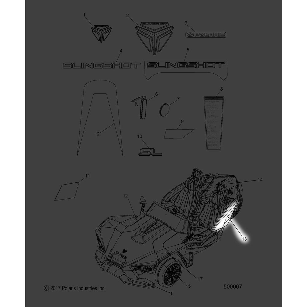 Polaris Slingshot Wing Decal, Rear, Left, Silver/Black, Genuine OEM Part 7185185, Qty 1