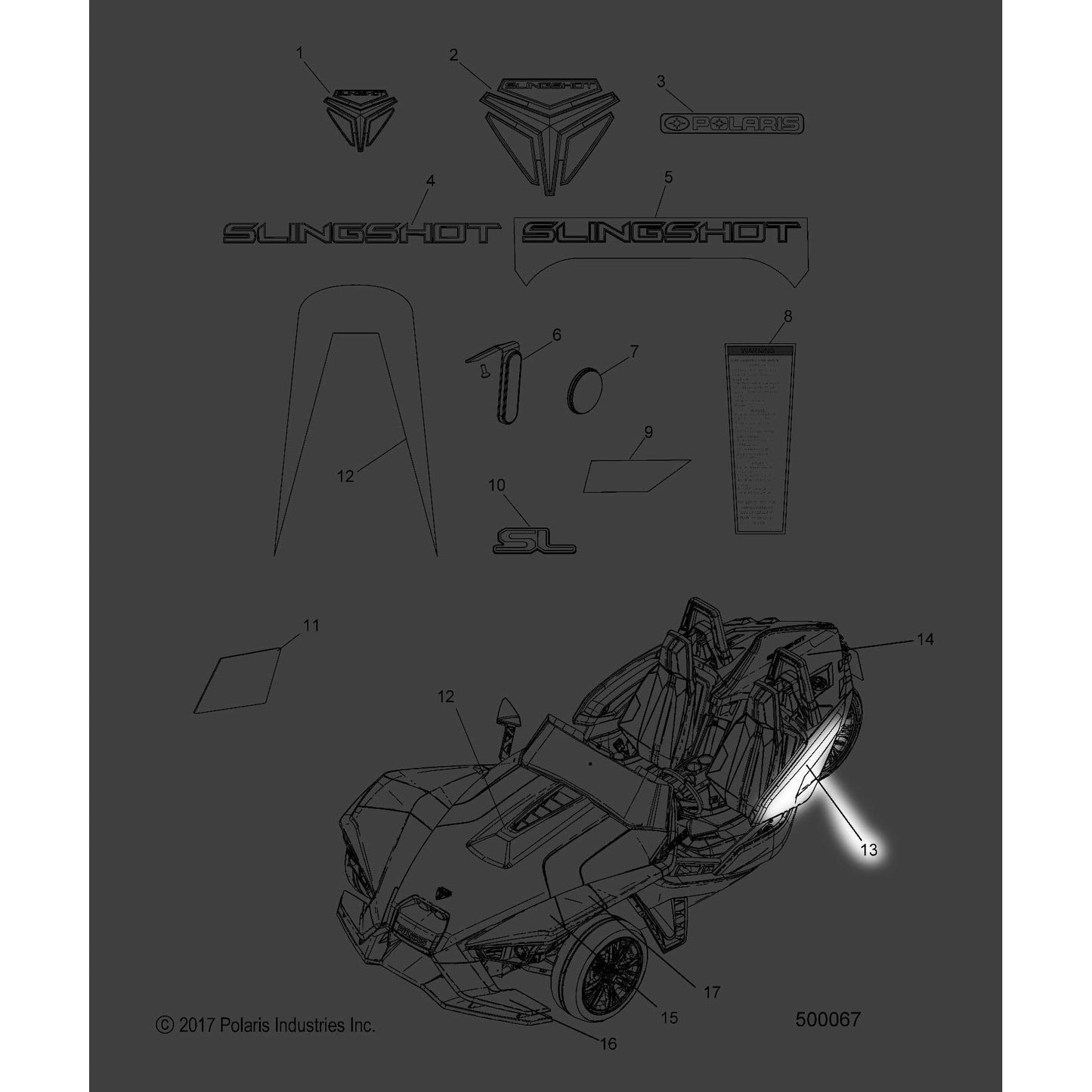 Polaris Slingshot Wing Decal, Rear, Left, Silver/Black, Genuine OEM Part 7185185, Qty 1
