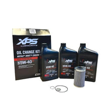 A Can Am Maverick R Oil Change Kit 5W40 Full Synthetic, including two bottles of oil and an oil filter, with the product packaging visible. Maverick R