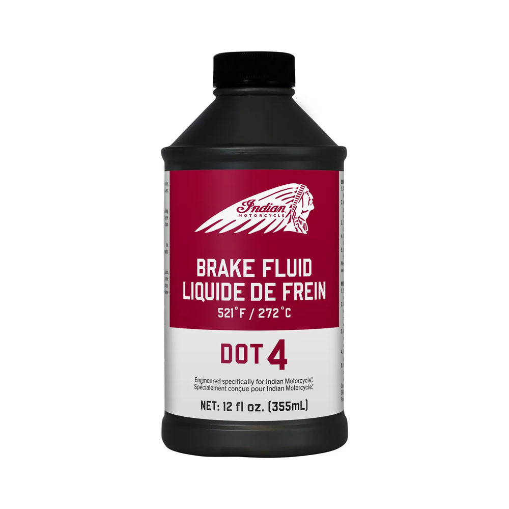 Red, White, and Black Indian Motorcycle brake fluid. DOT 4
