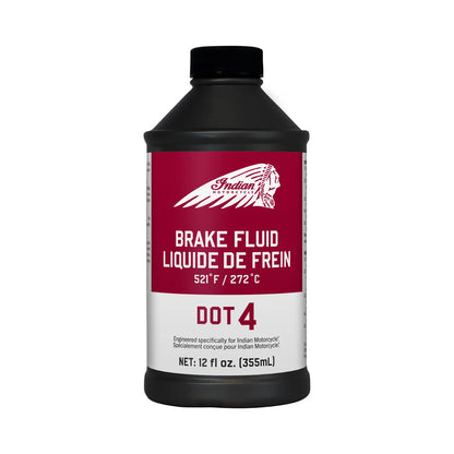 Red, White, and Black Indian Motorcycle brake fluid. DOT 4