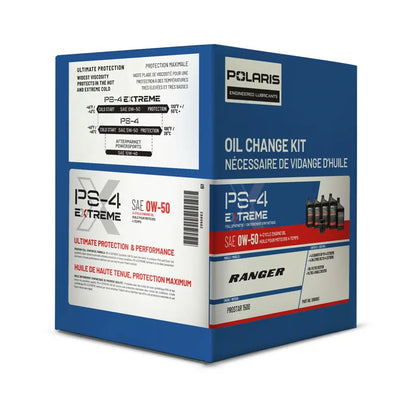 A boxed Polaris PS-4 EXTREME Full Synthetic Oil Change Kit, with product details and compatible models listed on the packaging.