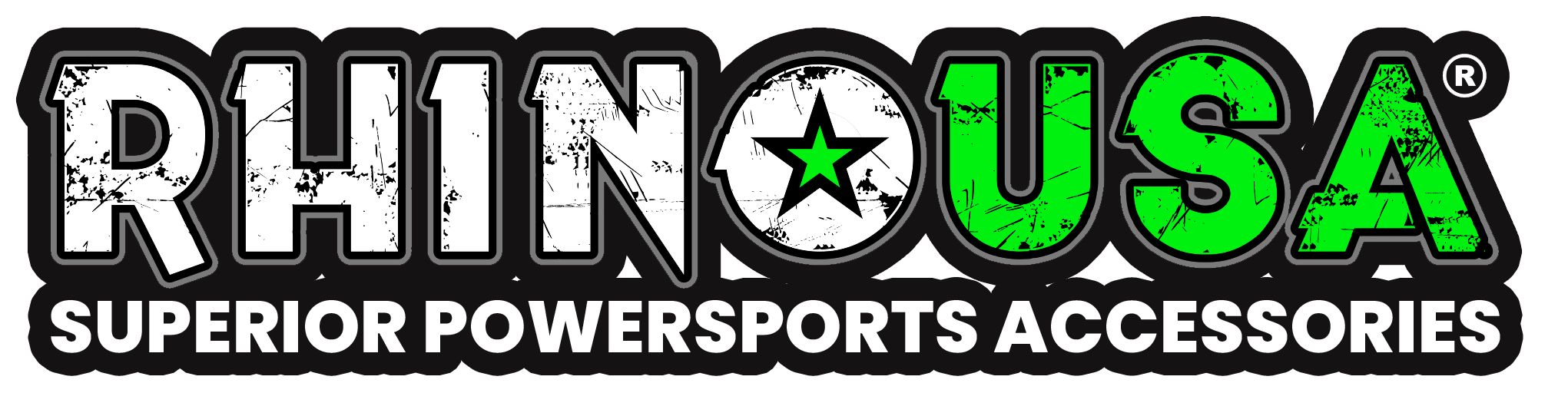 A graphic logo for 'RHINOUSA' featuring distressed white and green lettering with a black outline and a green star inside the letter 'O'. Below the main logo, the text 'SUPERIOR POWERSPORTS ACCESSORIES' is written in white on a black background.