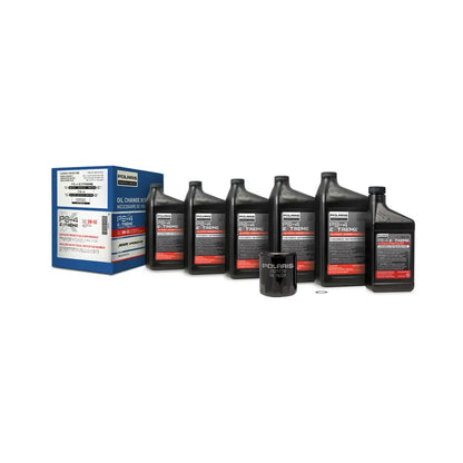 A set of six black bottles of Polaris full synthetic oil, with product information labels on them, displayed in front of a blue and white packaging box.