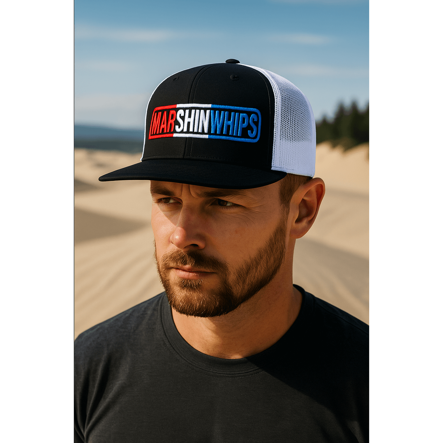Marshin Whips Snap Back Hat – Red/White/Blue Flat Bill Off-Road Hat