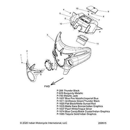 Indian Motorcycle Fairing, Front, Flat Black with Matte Sunset Red with Graphics, Indian, Genuine OEM Part 5439882-1620, Qty 1