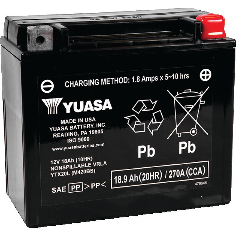 Yuasa YTX20L-BS Maintenance Free AGM 12-Volt Battery w/Bottle