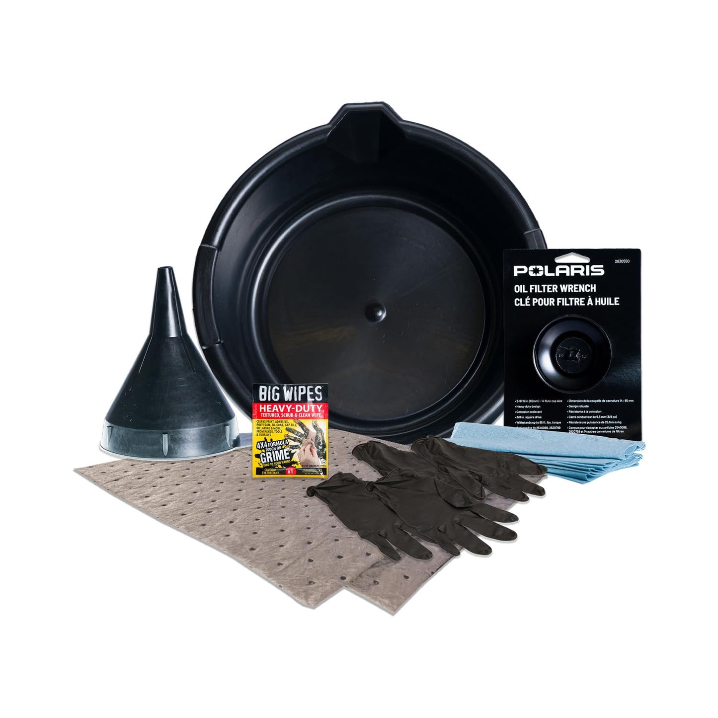 Polaris Oil Change Kit, Engine Health & Maintenance Essentials for All Vehicles, Kit Includes Oil Filter Wrench, Oil Drain Pan, Oil Funnel, Absorbent Pad, Gloves, Shop Towels and Wipe - 2830545