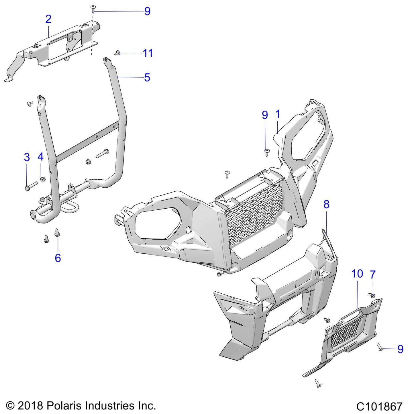 Polaris ATV Front Bumper, Gloss Black, Genuine OEM Part 5438559-070, Qty 1