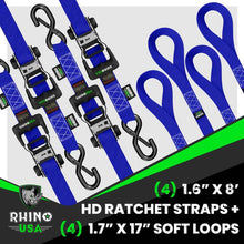Rhino USA Heavy Duty Ratchet Tie-Down 4-Pack (Blue) 1.6In X 8Ft