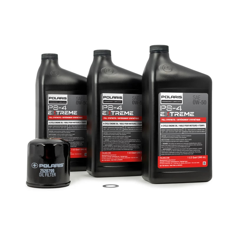 
                      
                        Polaris Full Synthetic Oil Change Kit, 3 Qts. PS-4 Extreme 0W-50 Engine Oil, 1 Oil Filter and Crush Washer - 2890058
                      
                    