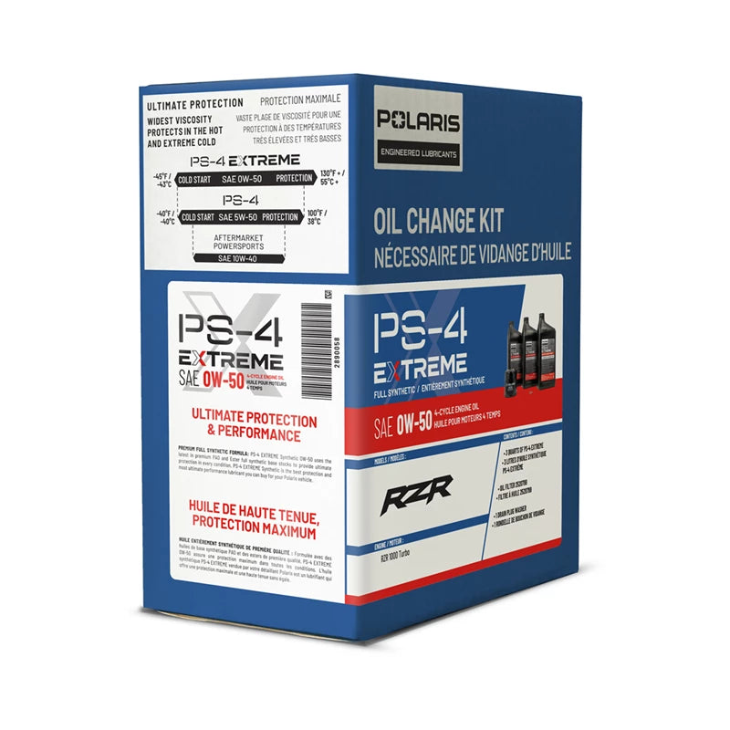 
                      
                        Polaris Full Synthetic Oil Change Kit, 3 Qts. PS-4 Extreme 0W-50 Engine Oil, 1 Oil Filter and Crush Washer - 2890058
                      
                    